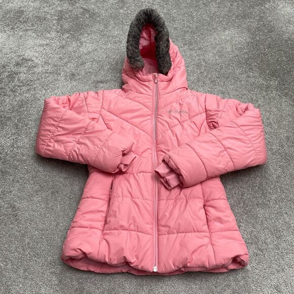 Columbia Puffer Parka Jacket Kids Girls Medium Pink Hoodie Full Zip Winter Pocke